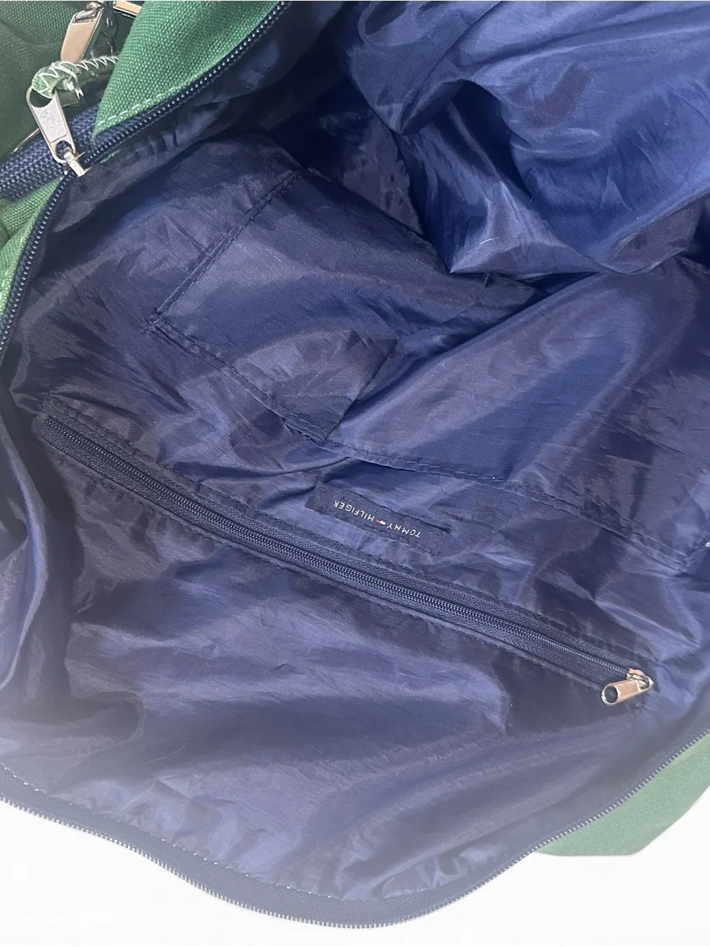 Tommy Hilfiger Green and Navy Canvas Weekend Duffel Y2K